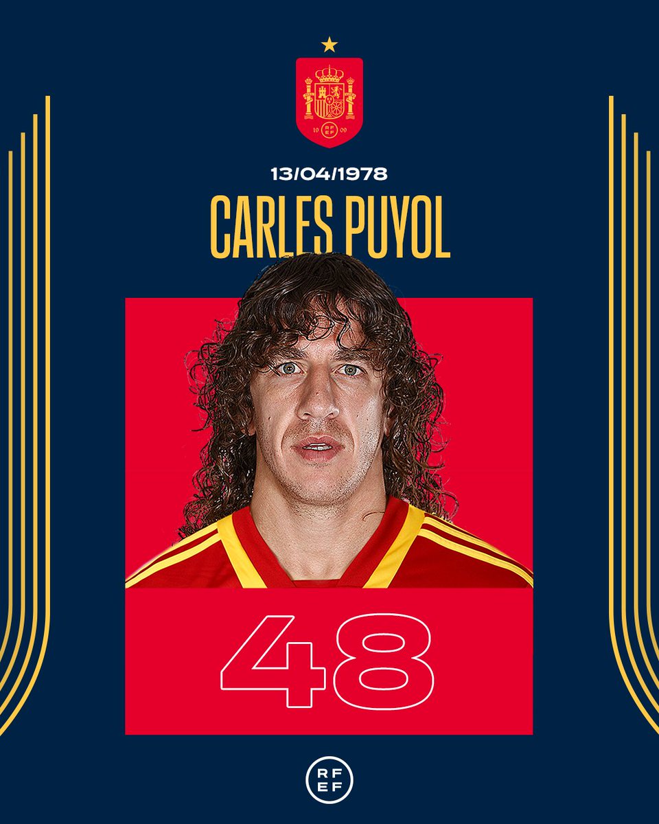 SEFutbol's tweet photo. 🌟 Hoy cumple años un campeón de Europa, un campeón del mundo y un jugador que marcó una ÉPOCA en la @SEFutbol.

Raza, liderazgo y mucho fútbol. Felicidades, @Carles5puyol. 

#VamosEspaña https://t.co/4duChoS75Z