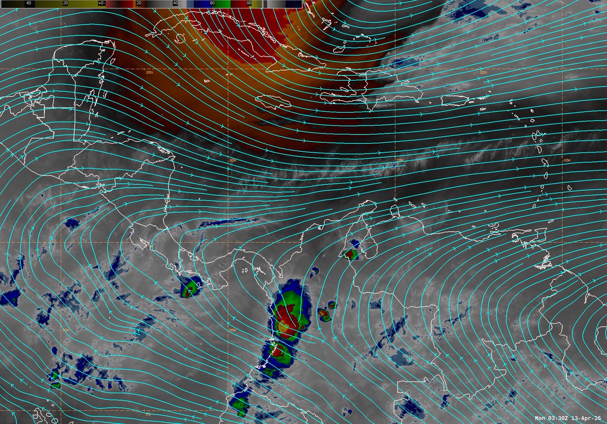 NHC_TAFB's tweet image. At the upper levels, water #vapor satellite imagery shows a #divergent wind pattern instead (separating blue lines with arrows) over western Colombia. If air aloft is diverging simultaneously, this enhances vertical development and the clouds can reach great heights.