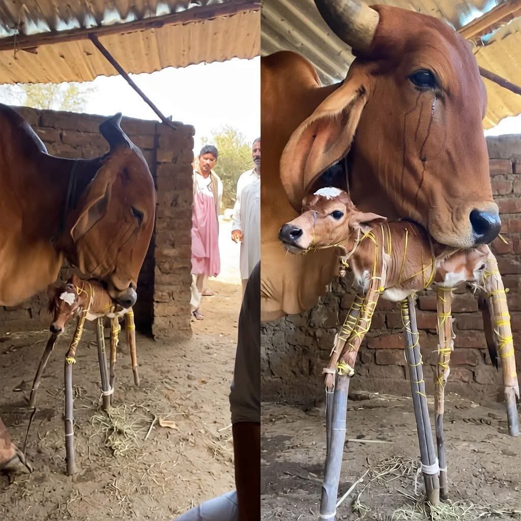 He watched as the mother cow refused to eat, refused to drink, and slowly gave up on her own disabled calf.

The baby couldn’t stand on its own, and within hours, the situation turned critical. That’s when one man stepped in. Using nothing but rope and sticks, he carefully