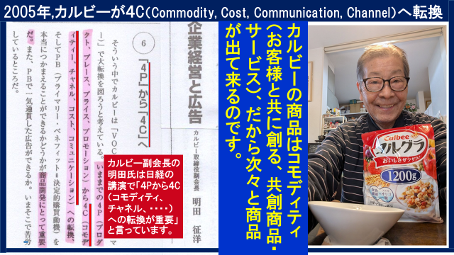 ShimizuJosai's tweet photo. 2005年,カルビーがマーケティングミックスを共創４Cへ転換。カルビーの商品はコモディティ（共創商品・サービス）副会長の明田征洋氏は日経の講演で「４Pから４C（コモディティ、チャネル、・・・・）への転換が重要」と説きました。
＃城西大学 ＃早稲田大学 ＃小泉進次郎 ＃水森かおり ＃辰巳ゆうと https://t.co/aFPPFLdIMV