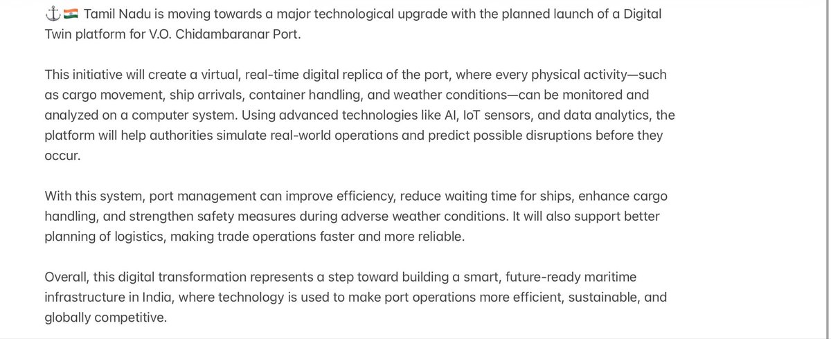 SipraMohanty6's tweet image. #Tamilnadu #Digitaltwin #smartport #VOCPort #Indiatech