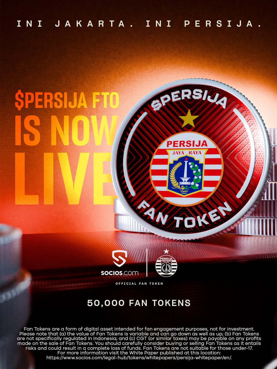 🚨 $PERSIJA 𝐅𝐓𝐎 𝐈𝐒 𝐍𝐎𝐖 𝐋𝐈𝐕𝐄!

Only 50,000 Fan Tokens.
FTO price: $0.25.

Available on Socios.com.

👉 fantokens.com/es/persija-fan…