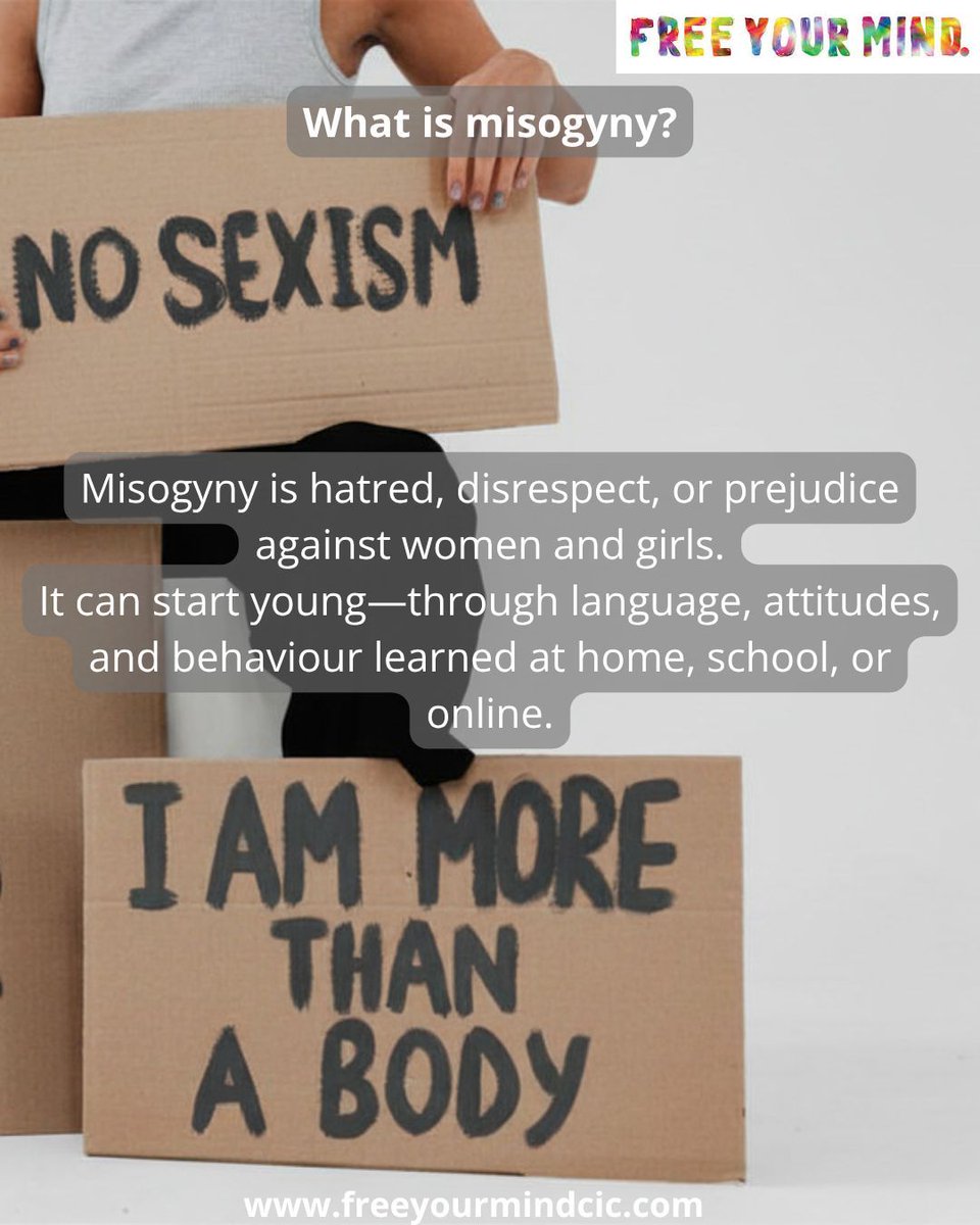 FREEYOURMINDCIC's tweet photo. Misogyny can start young and often goes unnoticed. Parents and professionals play a vital role in recognising it early, challenging harmful attitudes, and shaping respectful, healthy friendships or relationships.💔   

#FreeYourMindCIC #ChildhoodDomesticAbuse #Misogyny #School https://t.co/ziClRkz3QK