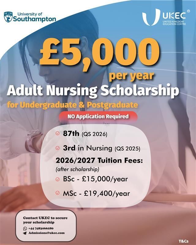 UKECcounsellor's tweet image. #UniversityofSouthampton introduced a new scholarship worth £5,000 per year for the #AdultNursing program for the 2026 intake for all international students.

No extra application needed

WhatsApp: +447483066280

#StudyInUK #UKEC #WeAreUKEC #TeamUKEC