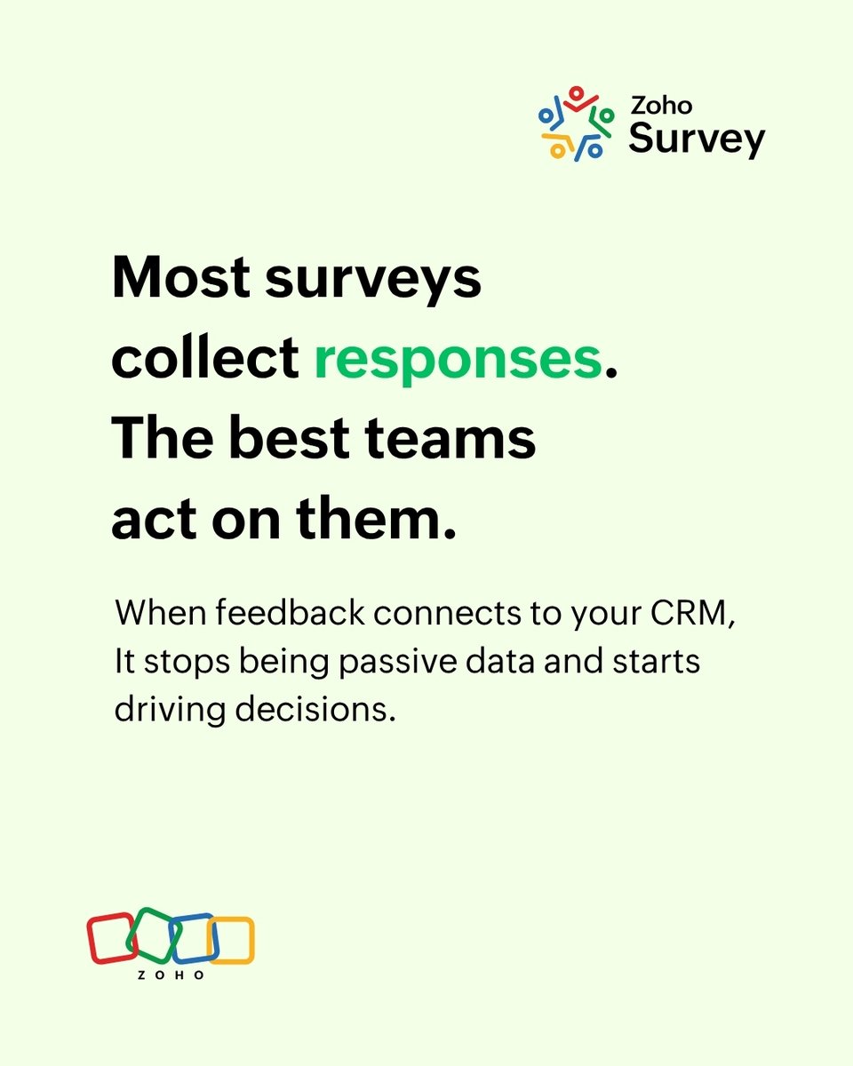 ZohoSurvey's tweet image. Every response is a customer taking the time to tell you something. 
What you do next builds trust. Turn every response into a better experience.

#Zoho #ZohoSurvey #ZohoCRM #CRM #SurveyIntegrations