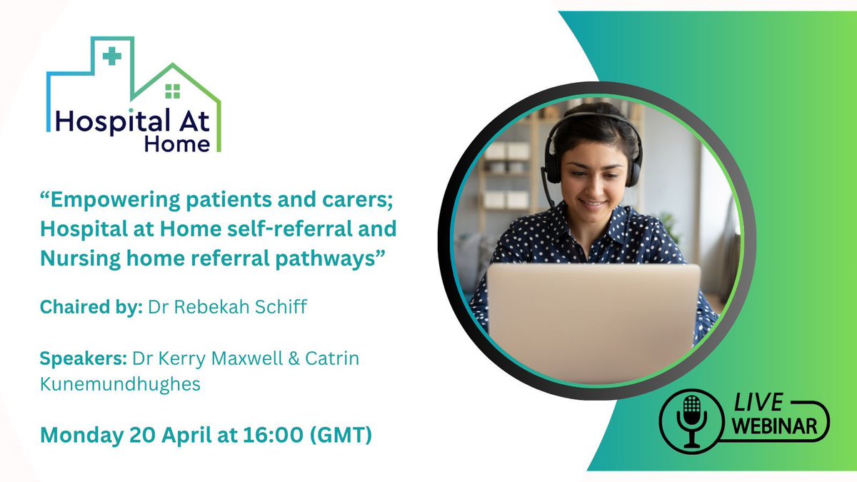 UKHaHSoc's tweet photo. 📢 Are you joining us next week at the #HospitalAtHome webinar?
“Empowering patients and carers; Hospital at Home self-referral and Nursing home referral pathways”
Monday 20 April at 16:00 (GMT)
Open to all 👉 Joining details: https://t.co/uHjXn8UxA5
#MemberBenefit https://t.co/GU0glRktCb
