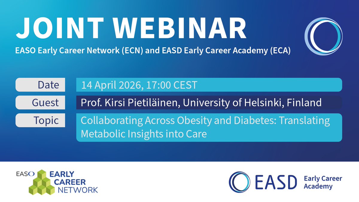 EASDnews's tweet image. 📺 Sign up for the joint #webinar between the @EASDacademy &amp;amp; @EASOobesityECN to join @DrPietilainen as she reflects on the value of collaboration across #diabetes &amp;amp; #obesity communities.

📅 14 April 2026 |🕛 17:00 CEST

Register now to secure your spot 👉 easo.org/easo-ecn-easd-…