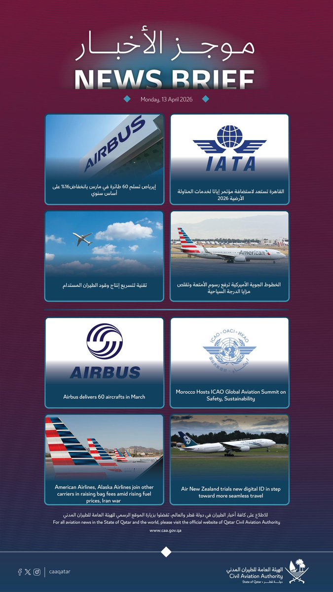 CAAQATAR's tweet image. (QCAA Daily News Brief)

الموجز الإخباري اليومي للهيئة العامة للطيران المدني ..
الاثنين 13/04/2026

caa.gov.qa/ar/aviation-ne…

#الدوحه #قطر #Doha #Qatar #الطيران_المدني