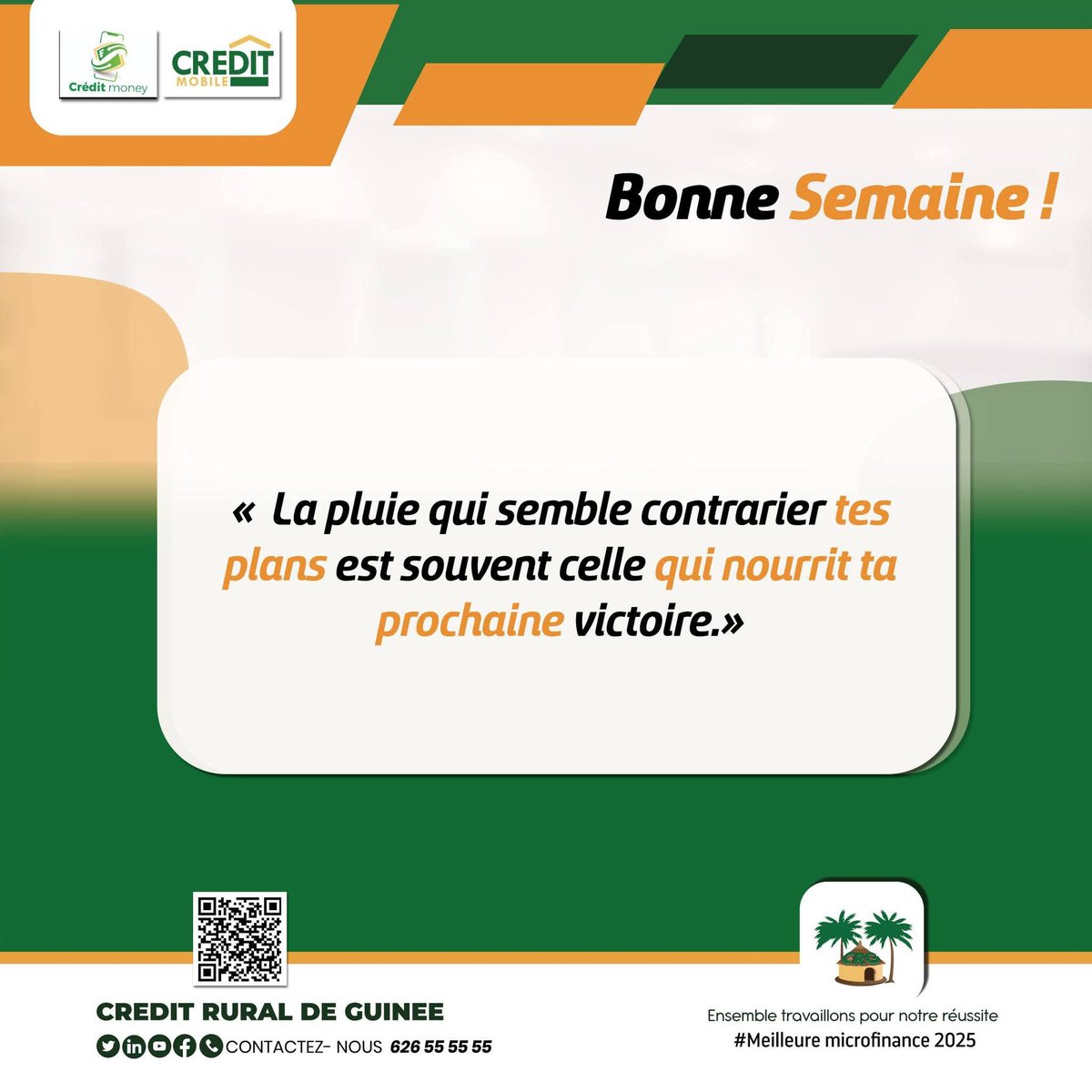 Cette semaine, transformez les imprévus en victoires !

Toute l’équipe du Crédit Rural de Guinée vous souhaite une semaine fructueuse et pleine de détermination.

#MondayMotivation
#Guinée
#CRG