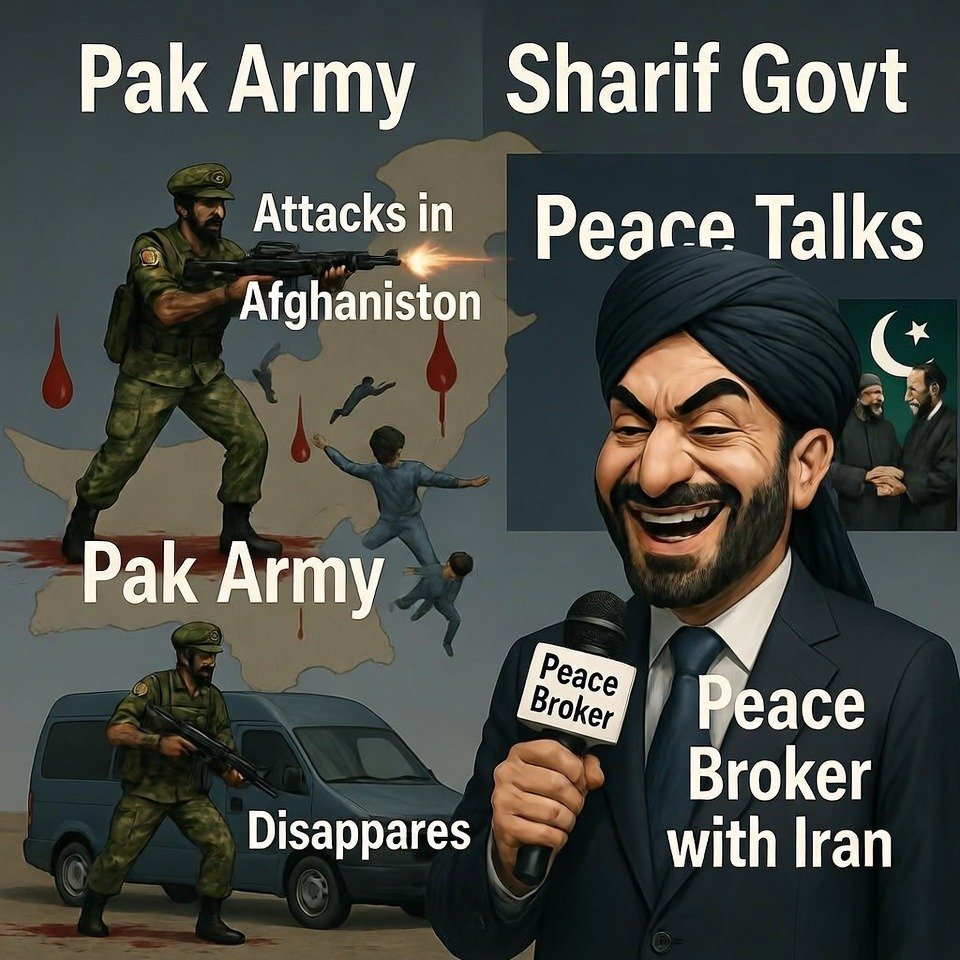 Pak Failed Peace Talk fake narrative: Sharif govt claims peace broker with Iran but Pak Army carries out attacks in Afghanistan killing children and enforces disappearances in Balochistan. Own soil bleeds while preaching peace.
