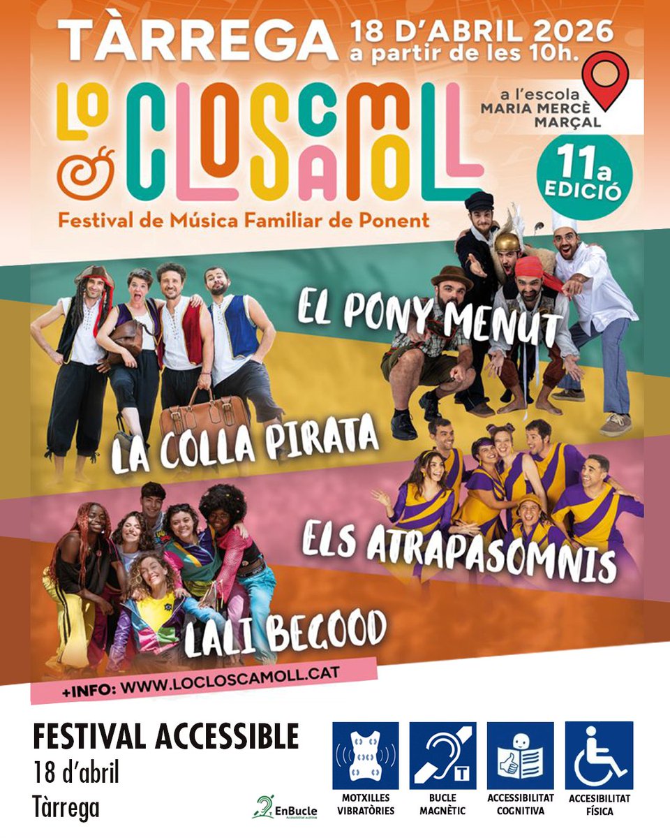 EnBucleBcn's tweet photo. 🟢 Torna Lo Closcamoll!

El festival familiar de Ponent amb concerts i activitats tot el dia.

Un espai pensat perquè tothom pugui ser-hi i viure la cultura. Accessible Motxilles vibratòries, bucle magnètic i més!

#CulturaAccessible #MúsicaAccessible #LoCloscamoll #EnBucle https://t.co/06ZG0BKv6H