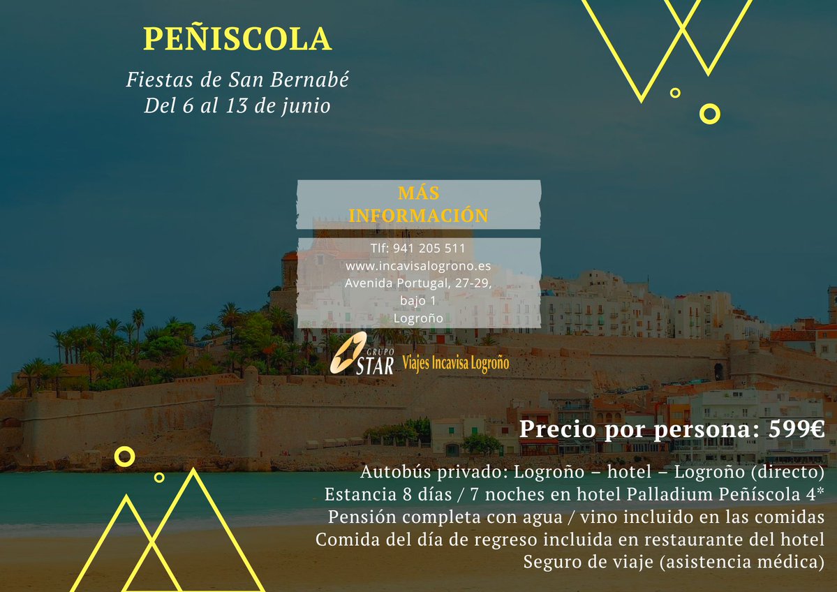 ViajesIncaLogro's tweet image. Un viaje incomparable, una experiencia única que no olvidarás: en las Fiestas de San Bernabé, del 6 al 13 de junio, toca visitar Peñíscola con bus directo desde Logroño. ¿Te lo vas a perder? 😍
#viajesincavisalogroño #larioja #logroño #peñíscola #unriojanoenpeñíscola #sanbarnabé