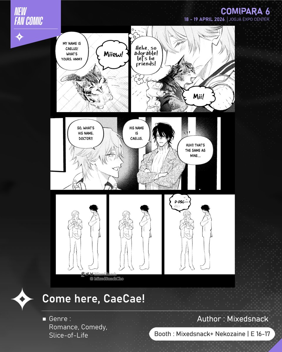 comipara_id's tweet image. [COMIC RAID]
Author: Mixedsnack 
Booth: E 16-17  -  Mixedsnack+ Nekozaine

Ada juga komik baru karya Kak Mixedsnack , berjudul "Come here, CaeCae!" yang akan dijual di Comipara 6 besok lho!

Sampai ketemu di venue! ✨

Comipara 6
18-19 April 2026
Jogja Expo Center

#comicraid6