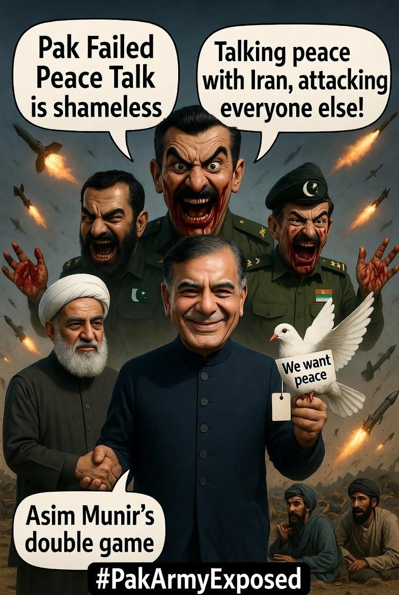 Pak Failed Peace Talk double standards: Pakistan speaks of peace with Iran but Asim Munir’s forces launch strikes on Afghan civilians and continue brutal military operations against Baloch people. Terror sponsors pretending to be peacemakers.