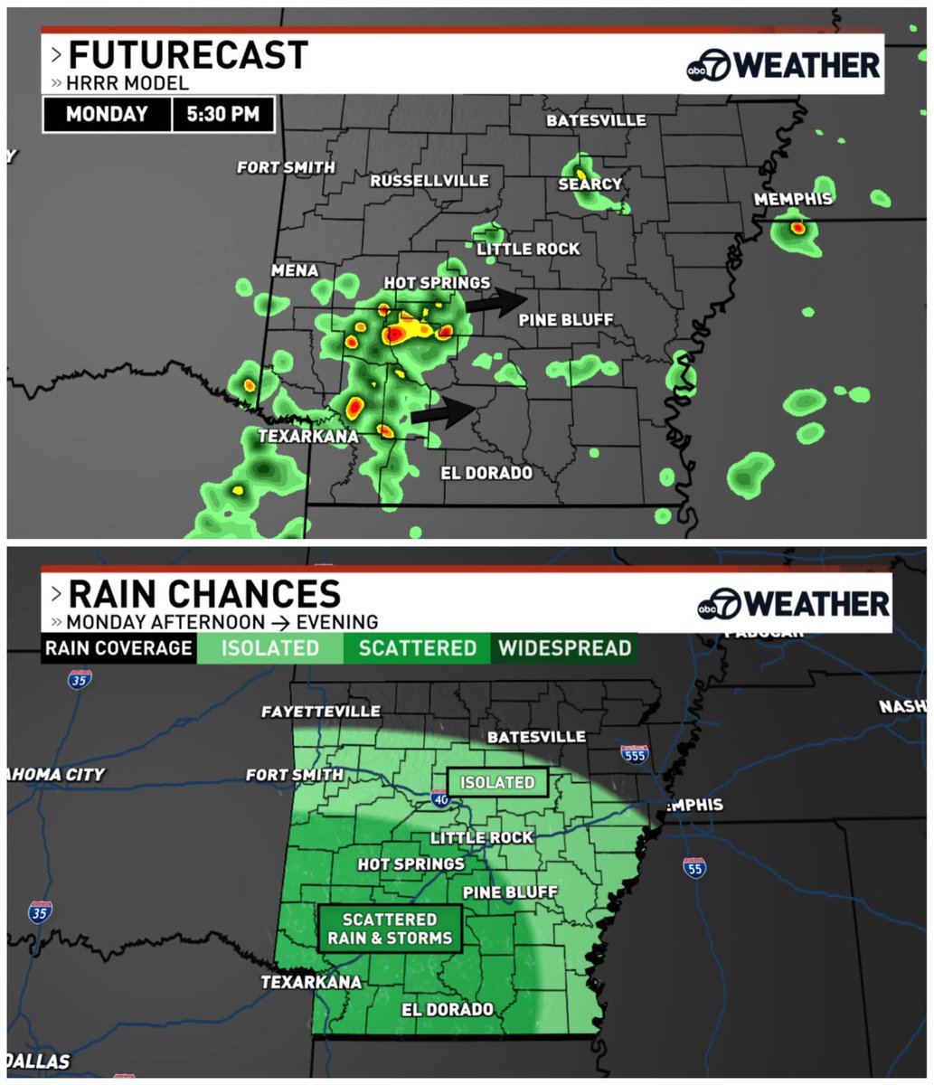 AustinBurkeswx's tweet image. Another day, another opportunity to try and win the rain lottery 🌧️

Southwest Arkansas has the better chance to see rain and storms Monday afternoon. May the odds ever be in your favor! #arwx #Arkansas