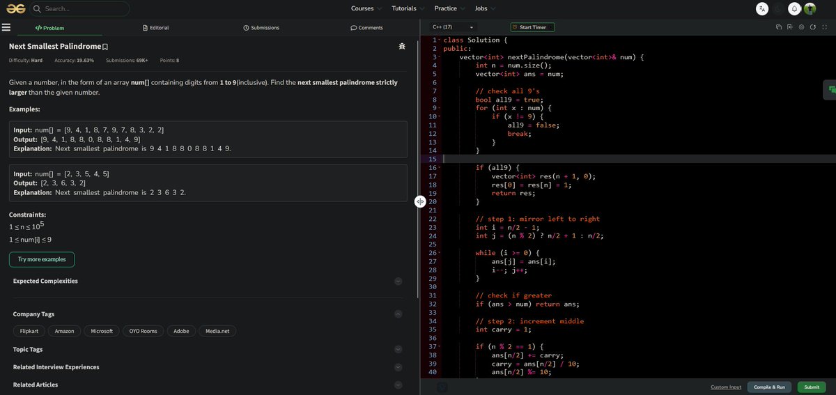 RamanujT080's tweet photo. Day 11 of POTD 🚀

Solved Next Smallest Palindrome problem

Key idea: mirror the number, and if not greater → increment middle &amp; handle carry

Tricky edge cases made it interesting 💻

@GeeksforGeeks

#POTD #DSA #coding #100DaysOfCode https://t.co/8a7YJaegLL