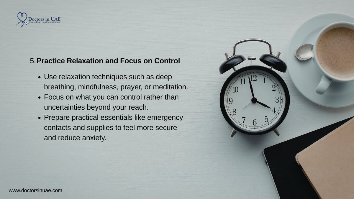 DrxUae's tweet image. During conflict, your mental health matters as much as your safety. Here are simple, practical ways to cope with stress and stay resilient in difficult times.

Visit our website, doctorsinuae.com to learn more.

#drxinuae #staycalm #resilient #middleeast #uae