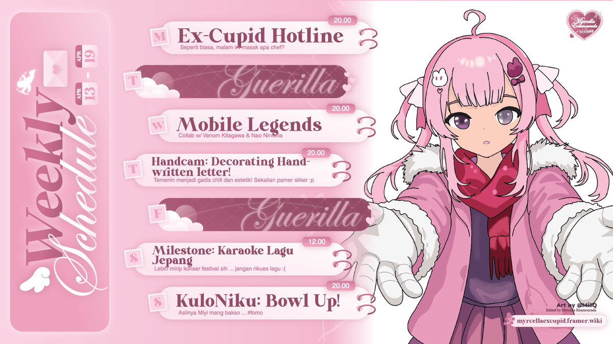 myrcellaXcupid's tweet photo. Here is my hashtags!  

General #MyrcellaExCupid
Live #CallMyrCella
Fanart #MyrcellArt
Clips #CupidClips
Meme #MemeCella 

Oshi Mark 🏹💘  
Famname #Milafs 

Ceritain curhatan kalian ke: 
https://t.co/XgIkfLDAOg 

Weekly Schedule! https://t.co/qn0QJAeF72