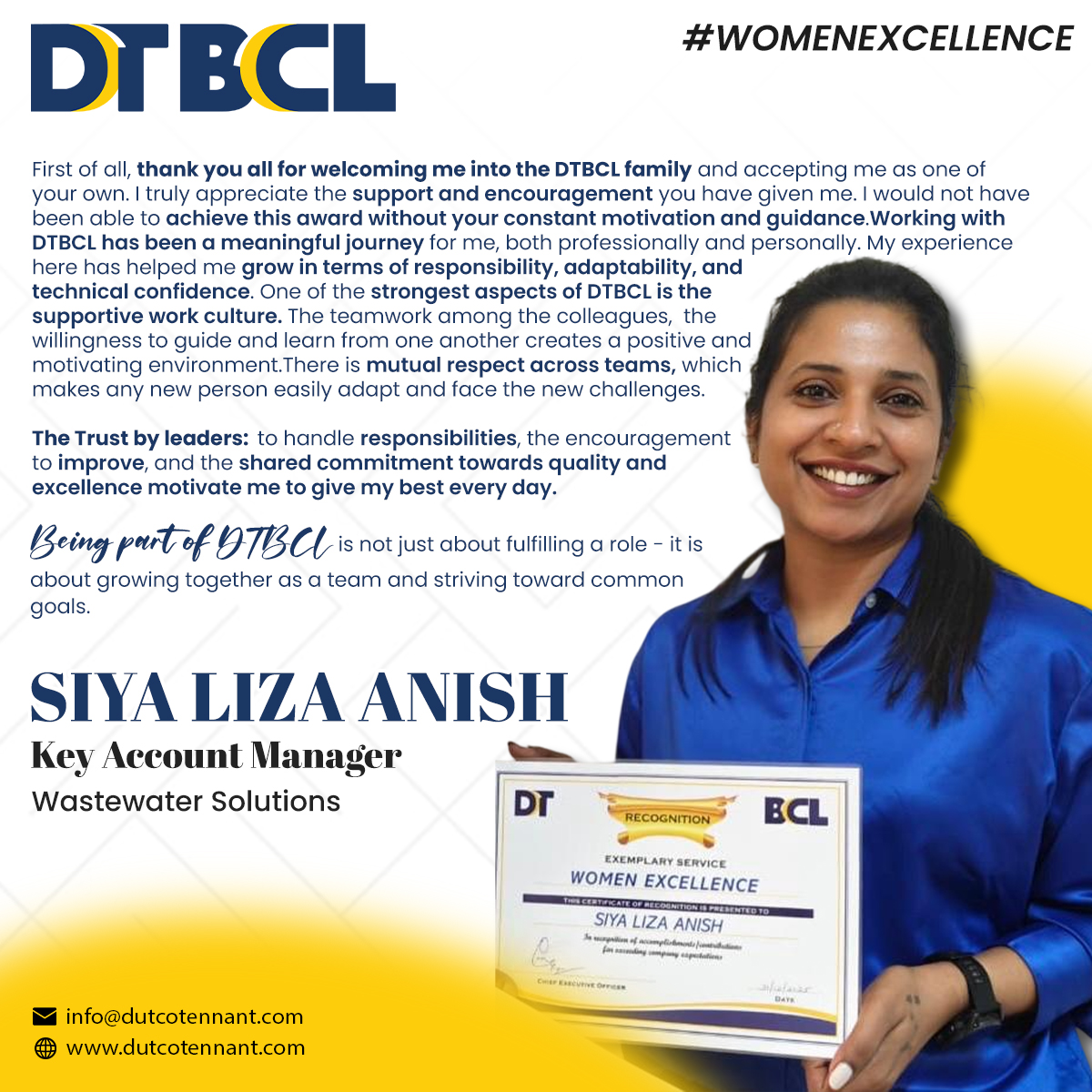 Dutcotennant's tweet image. A proud moment for Team DTBCL 🌟

We are delighted to celebrate Siya Anish, Key Account Manager from Wastewater Solutions, on being recognized for Women Excellence.

Congratulations on this well-earned #achievement. 

#TeamSpirit #KeyAccountManager #UAE #DTBCL #DutcoTennantLLC