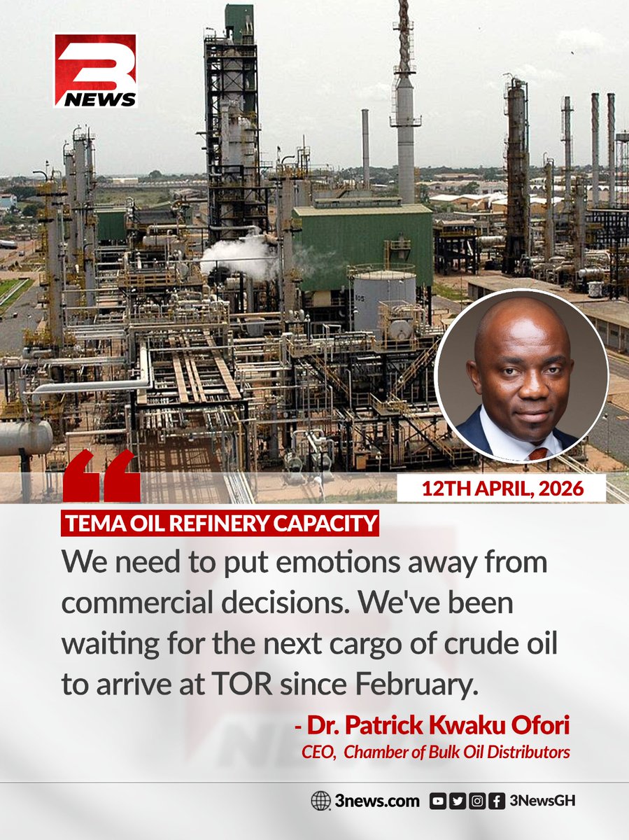 tv3_ghana's tweet image. Dr. Patrick Kwaku Ofori, CEO of the Chamber of Bulk Oil Distributors, says emotions must be set aside from commercial decisions, noting that TOR has been waiting for the next crude oil cargo since February.

#HotIssues #TV3GH