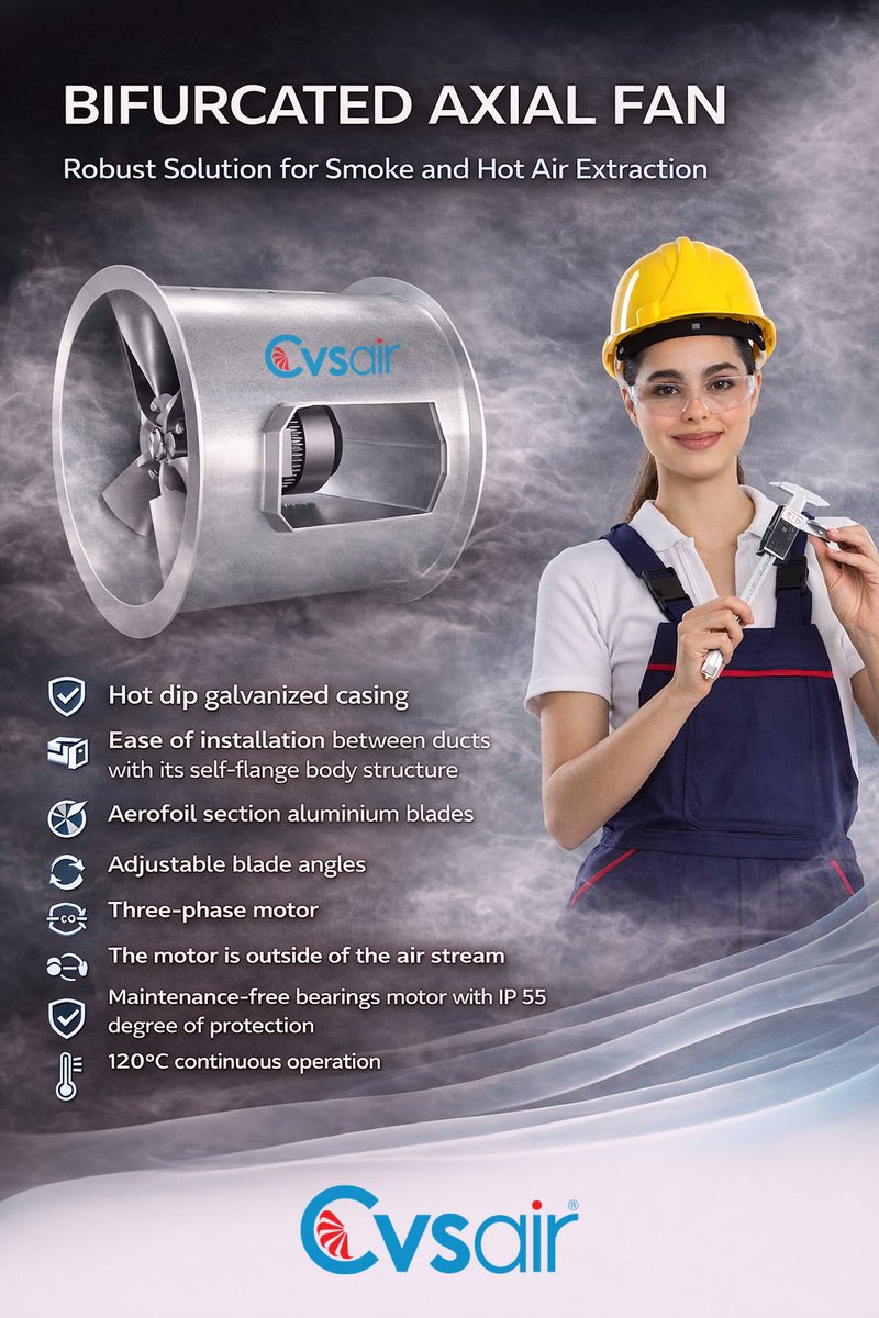 cvsair's tweet photo. Engineered for Performance. Built for Safety.

When it comes to smoke extraction and high-temperature ventilation, reliability is not optional — it’s critical.

The Bifurcated Axial Fan is designed to operate efficiently even in demanding conditions, keeping the motor isolated from the air stream for maximum durability and performance.

🔹 Ideal for car parks, tunnels, and industrial applications

🔹 Continuous operation up to 120°C

🔹 Optimized airflow with aerofoil aluminium blades

🔹 Flexible control with frequency inverter compatibility

With its robust construction and low-maintenance design, it delivers long-term operational efficiency where it matters most.

💡 A smart solution for engineers who prioritize safety, performance, and reliability.

#Cvsair #HVAC #HvacR #Ventilation #SmokeExtraction #Engineering #IndustrialDesign #AxialFan #FireSafety #MechanicalEngineering #CleanAir #Infrastructure