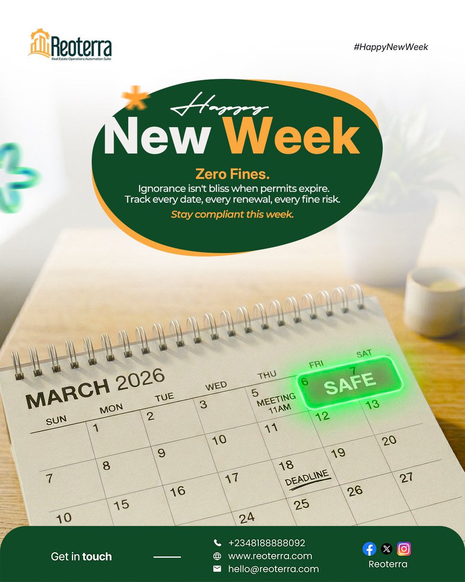 reoterra_'s tweet image. Happy New Week. Don’t let permits expire — stay compliant.
Stay compliant → Reo-Terra

#HappyNewWeek #StayCompliant #Compliance #BusinessTips