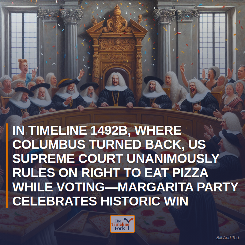 Timelinefork's tweet photo. In Timeline 1492B, Where Columbus Turned Back, US Supreme Court Unanimously Rules on Right to Eat Pizza While Voting—Margarita Party Celebrates Historic Win

#SupremeCourt #PizzaRights #VotingDay https://t.co/Gz3sZPx7mE