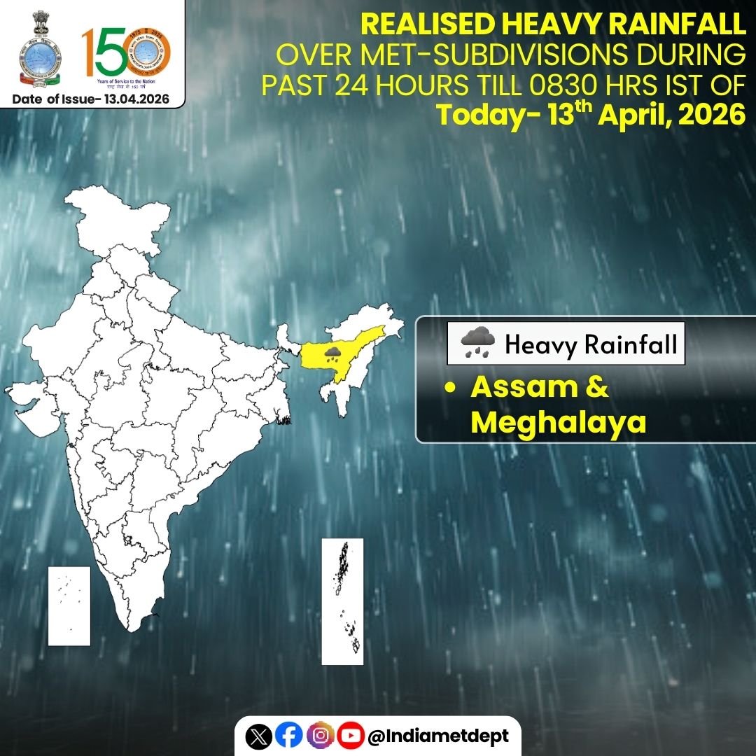 Indiametdept's tweet image. Realised  Heavy Rainfall over Met-Subdivisions during past 24 hours till 0830 Hrs IST of Today-13th April, 2026

❖ Heavy Rainfall reported at isolated places over Assam &amp;amp; Meghalaya.

For more information, visit Us : mausam.imd.gov.in

#HeavyRainfall #Rain #WeatherUpdate