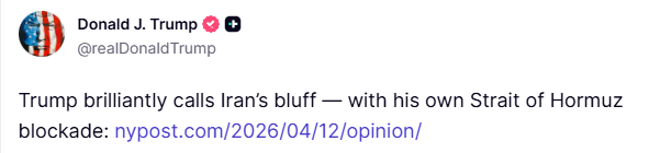 clashreport's tweet image. Trump reposts:

Trump brilliantly calls Iran’s bluff — with his own Strait of Hormuz blockade.