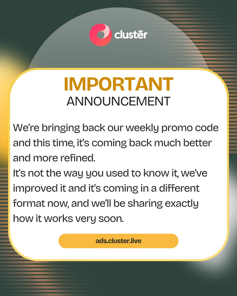 clusterliveapp's tweet image. Our weekly promo code is returning to Clusterlive, now better and more refined, with a new format that makes it even more rewarding. Full details coming soon.
#Clusterlive #PromoCode #WeeklyPromo #MakeMoneyOnline #EarnOnline #monday #SideHustleNigeria #OnlineEarnings