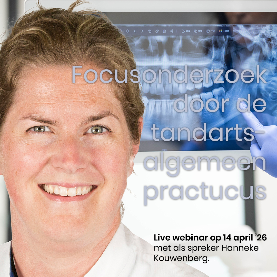 Live webinar morgen 14 april 2026 over focusonderzoek door de tandarts-algemeen practicus, met als spreker mka-chirurg Hanneke Kouwenberg. Volg dit webinar en verdien 1 KRT- of Mondzorg-punt.
Voor registreren: ntvt.nl/nieuws/academi…