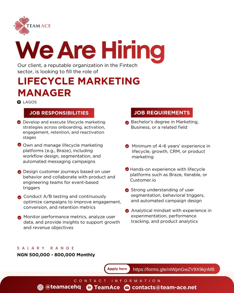 TeamAce_HQ's tweet image. Job Opening! 
See flyer for details… 

Qualified and Interested? Apply here 👇🏾
forms.gle/niWpnGwZV9X9kj…

#teamace #jobopening #jobopportunity