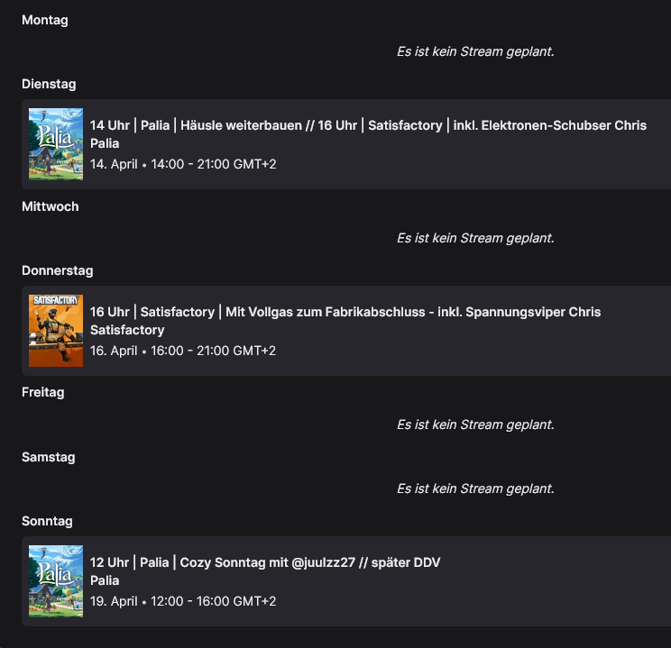 HulkHightower's tweet photo. Hallöchen ihr Lieben, ich hoffe ihr seid wie immer gut in die neue Woche gestartet. Lasst euch nicht ärgern &amp; gönnt euch etwas feines! 😋♥️ #twitchtv #satisfactory #palia #ddv - https://t.co/yKaXeqjlso 
🍔Streamplan für diese Woche (13.04.-19.04.):🍔 https://t.co/l41tbLjqwa