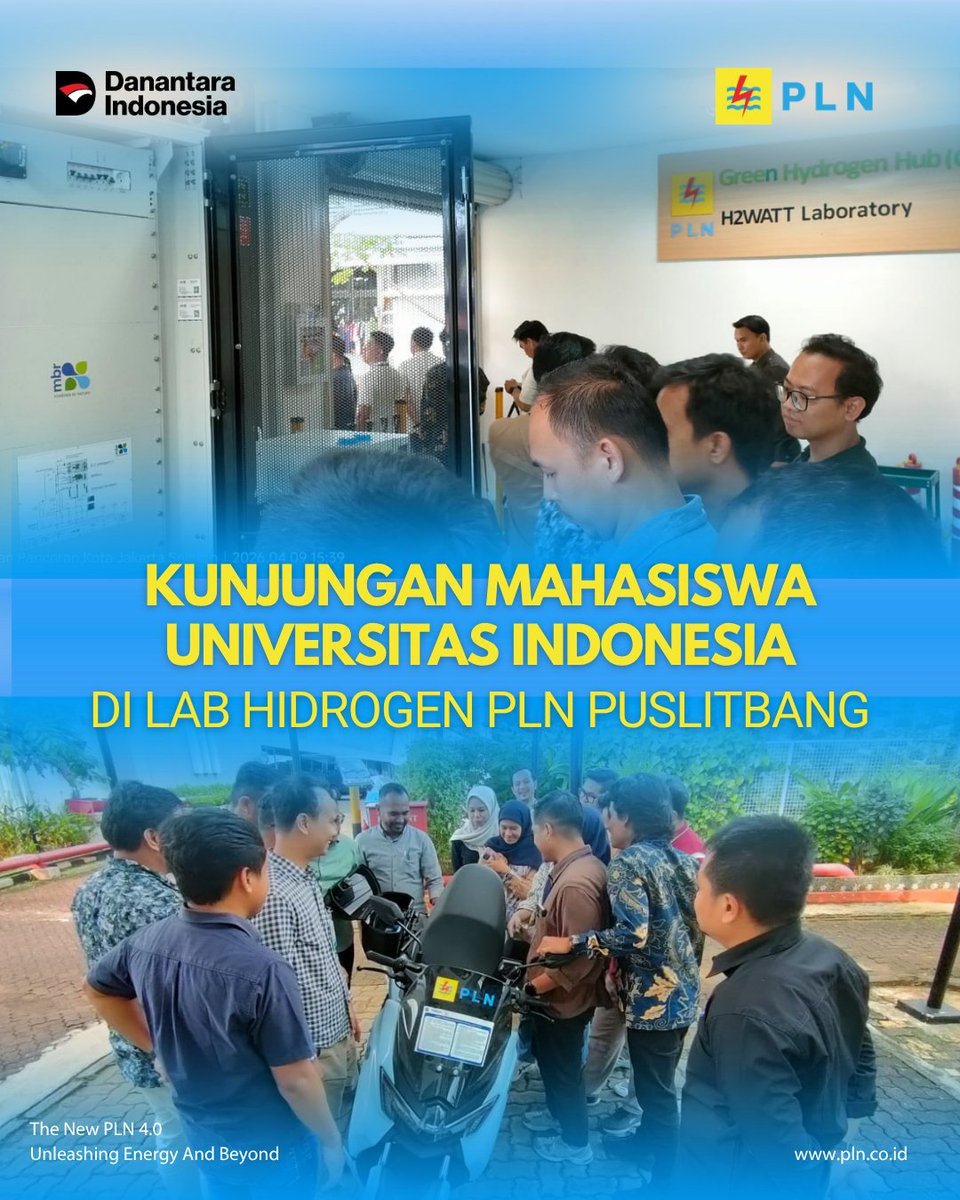 pln_puslitbang's tweet photo. PLN Puslitbang menerima kunjungan mahasiswa Magister (S2) Teknik Elektro Universitas Indonesia di Green Hydrogen Hub (GHH) ⚡🌱
Together we accelerate the future of clean energy 🚀

#PLN #PLNPuslitbang #GreenHydrogen #EnergyTransition #CleanEnergy #Hydrogen https://t.co/0dRHy34uJa