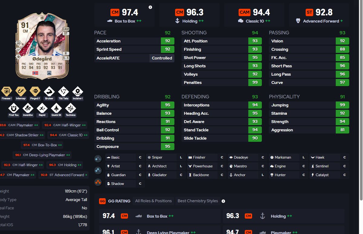 xBraedenFC_'s tweet photo. 🚨 LAB ALERT 🚨

BEST CM IN THE GAME 🧬

ØDEGAARD 🇳🇴
KVIA Bodytype 
Lenghty

97.4 META 📈

FINESSE + 🥶
INTERCEPT+ 💪
PINGED PASS+🎯

-BRUISER
-TIKI TAKA
-INCISIVE
-FIRST TOUCH
-INVENTIVE
-RAPID ⚡
-QUICK STEP 🚀
-TECHNICAL

91+ EVERYWHERE
COMPLETE MIDFIELDER 💀

Check pinned 📌 & follow for more 🔥
#EAFC #EVO #Meta