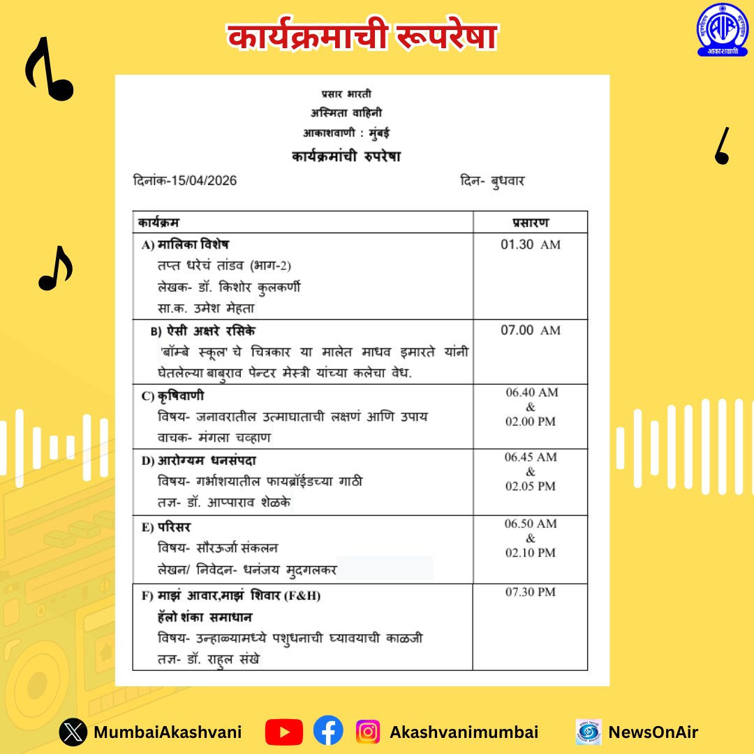 MumbaiAkashvani's tweet image. अस्मिता वाहिनी कार्यक्रमांची रूपरेषा . . . #Wed 15/04/2026 #programme #asmitavahiniआकाशवाणी मुंबई केंद्राचे कार्यक्रम लाईव्ह स्ट्रीमिंगवर ऐकण्यासाठी डाउनलोड करा, #NewsonAir हे मोबाईल ऍप्लिकेशन