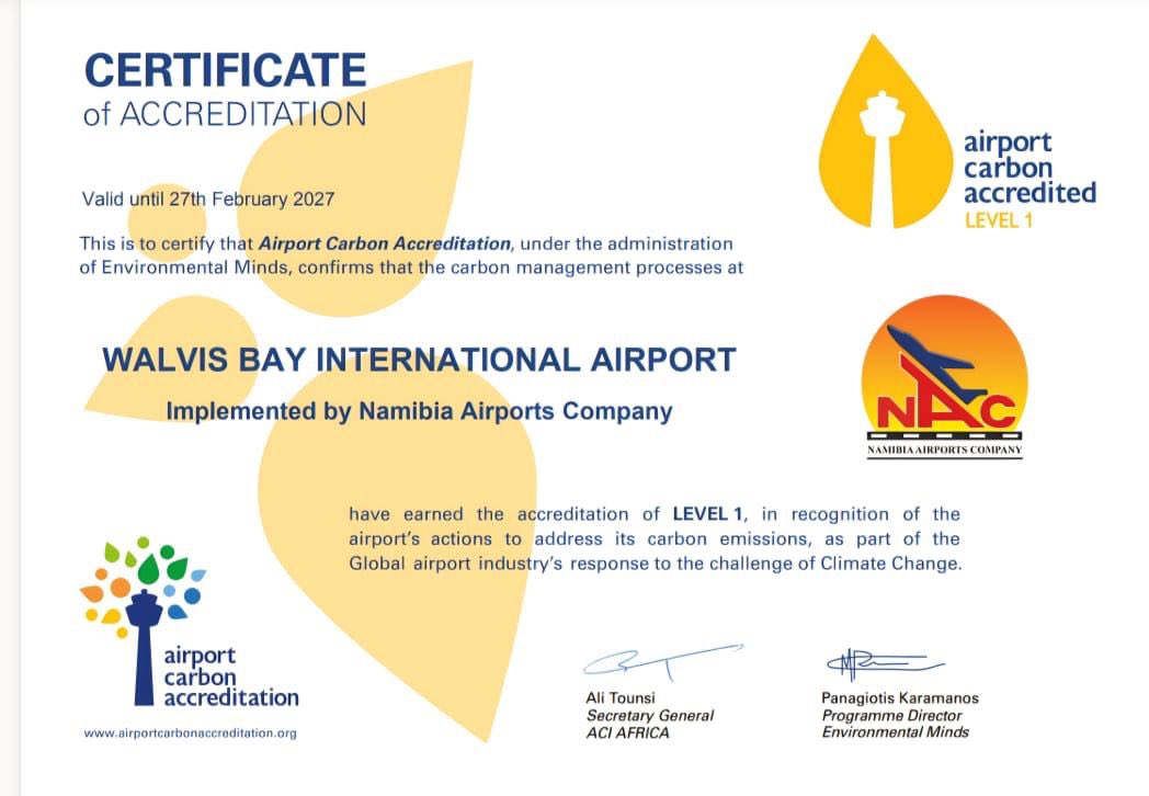EagleFMNam's tweet photo. .@AirportsNam Achieves Airport Carbon Accreditation

The Namibia Airports Company (NAC) has achieved Airport Carbon Accreditation (ACA) Level 1 for Hosea Kutako International Airport and Walvis Bay International Airport, following certification from Airports Council International Africa in March 2026. 

Level 1 accreditation indicates that both airports have measured and compiled their carbon footprint, establishing a baseline for future carbon reduction initiatives and improved operational efficiency. 

This achievement, according to NAC, reflects its commitment to environmental sustainability and alignment with international aviation standards and best practices. It also supports the organisation’s vision to become a world-class airport operator and progress towards net-zero emissions by 2050. 

Globally, 648 airports are accredited, including 47 across 19 African countries, highlighting the continent’s growing role in sustainable aviation. 

NAC said it will continue advancing through higher accreditation levels to further reduce emissions across its airport network, including optimisation and long-term net-zero transition planning in line with global climate commitments for aviation sector growth strategies.

Report: Peneyambeko Jonas
Photos: Contributed