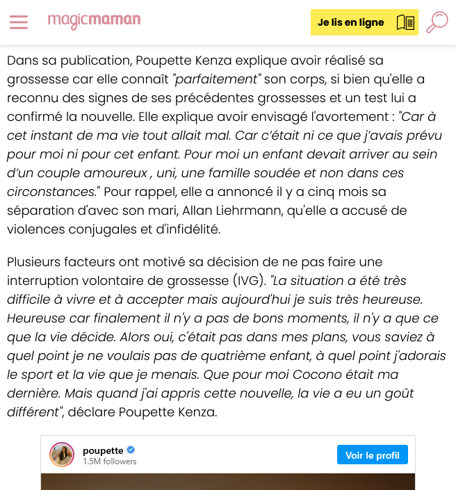 bkant's tweet image. La presse Magic Maman de #poupettekenza

"Pour rappel, elle a annoncé il y a cinq mois sa séparation d'avec son  mari, Allan Liehrmann, qu'elle a accusé de violences conjugales et  d'infidélité." #divorce #violencesconjugales