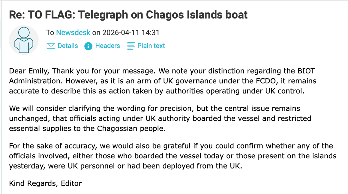 ModernNavy's tweet photo. It seems @FCDOGovUK has been putting pressure on journalists to change accurate reporting into fake news. The controversy is whether some officials were flown in to bully #Chagos Islanders. It seems there's evidence at least one was a cop from #Portsmouth
https://t.co/eTBdsn1Upx https://t.co/g00AgsEjnt
