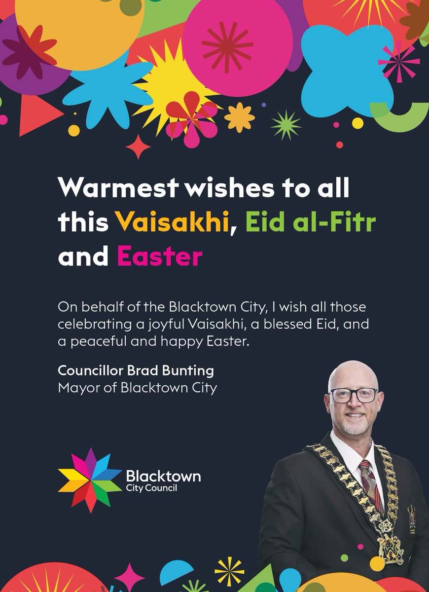 DesiAustralia's tweet image. Warm festive wishes from Councillor Brad Bunting, Mayor of Blacktown City, celebrating Vaisakhi, Eid al-Fitr and Easter - may this special time bring joy, peace and happiness to all. 🌾🌙✨
.
#vaisakhi #EidAlFitr #Easter #MulticulturalAustralia #CommunitySpirit #FestiveSeason