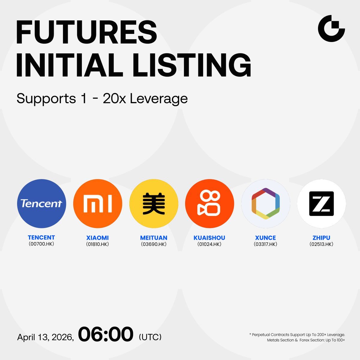 Gate's tweet image. Gate Futures Stocks Section Initial Listing: #TENCENT, #MEITUAN, $XIAOMI and 6 assets in total.

🔹 Trading Starts: April 13th, 2026, 06:00 AM (UTC)
🔹 Supports 1 – 20x Leverage

Trade gate.com/futures/USDT/T…
More details: gate.com/announcements/…