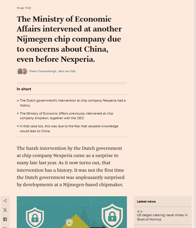 fbermingham's tweet photo. Fascinating - Dutch government intervened in ANOTHER Chinese owned chipmaker in Nijmegen in 2024 but managed to keep it secret

It tried to reduce Chinese control in Ampleon out of fear that "vital knowledge would leak to China"

https://t.co/prSNpJyPjM https://t.co/fZP5ZenoYN