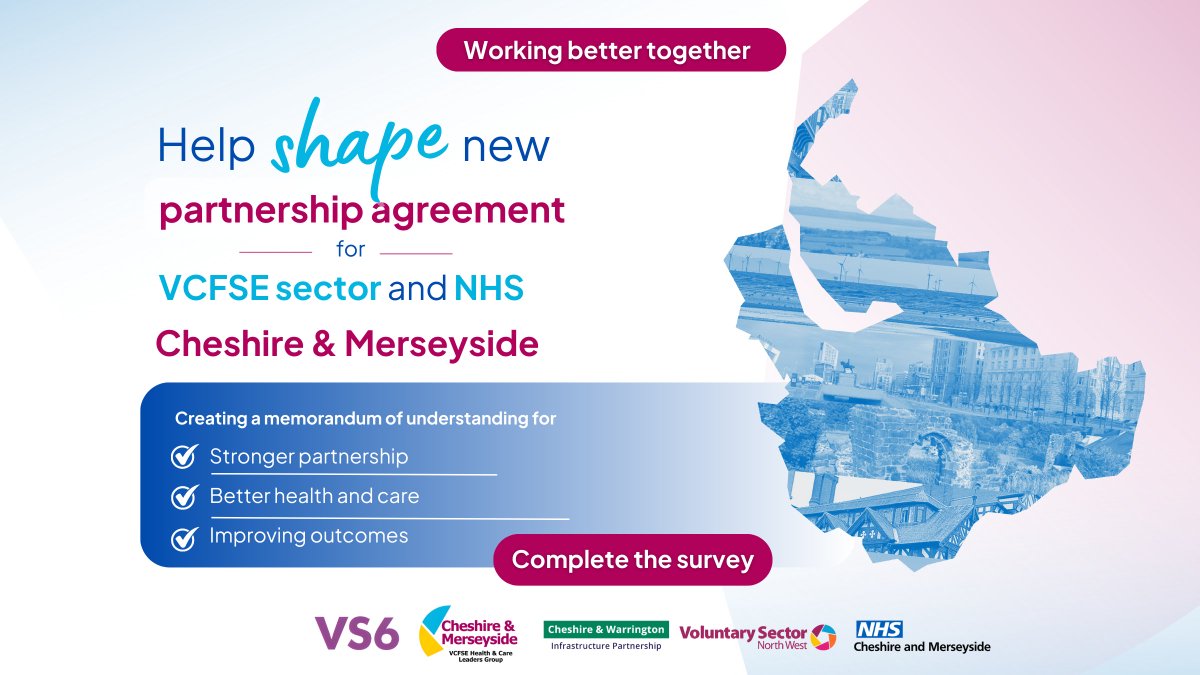 CVSCE's tweet photo. We’re shaping a new MoU with NHS Cheshire &amp; Merseyside and your voice matters.

Get involved:

- Sign up for our  workshop on Wednesday 13th May 10am on Zoom: https://t.co/a3YoFgBV7r

 - Complete the online survey by Friday 29th May 2026: https://t.co/JV6fMWL23B https://t.co/rfkNYvazrJ