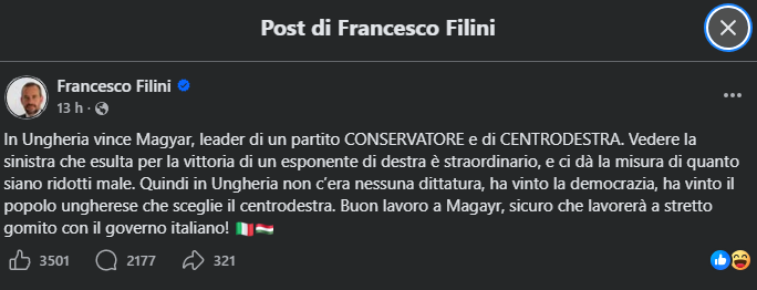 GiulioTerzi's tweet image. L'On. Francesco @Filini su #Facebook: 
"In Ungheria vince Magyar, leader di un partito CONSERVATORE e di CENTRODESTRA. 
Vedere la sinistra che esulta per la vittoria di un esponente di destra è straordinario, e ci dà la misura di quanto siano ridotti male. 
Quindi in #Ungheria