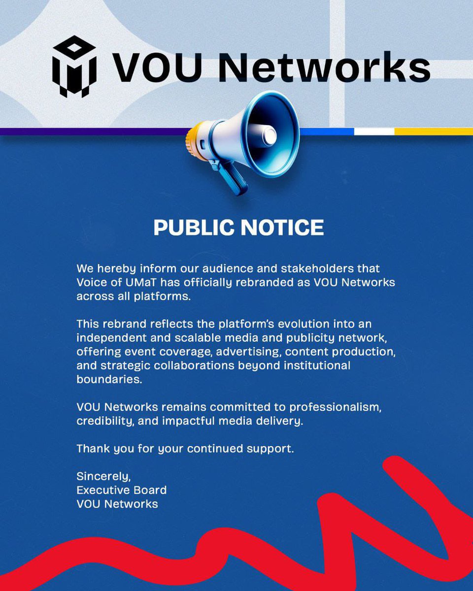 umatlive_'s tweet photo. 📍PUBLIC NOTICE REMINDER📍

Kindly be informed that, all activities, communications, partnerships, and official engagements previously carried out under the name  Voice of UMaT is  now conducted under VOU Networks.

We respectfully urge all stakeholders, partners, and members of the public to take note of this change and update their records accordingly..

Follow us for more updates:
https://t.co/I2SgnmwXQJ