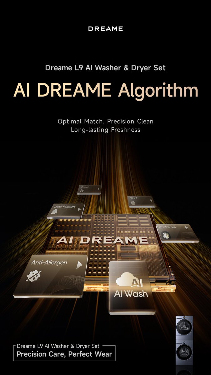 DreameWasher's tweet image. Your laundry just got smarter. 🤍

Dreame L9 AI Washer &amp;amp; Dryer — senses your load, doses precisely, dries perfectly. Every. Single. Time.

AI that actually does the thinking, so you don't have to.
#DreameL9 #SmartLaundry #AIHome #DreameTech #HomeInnovation