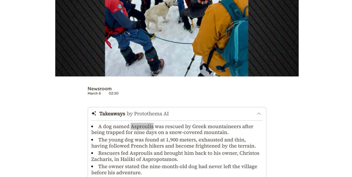 RastaDeveloper's tweet photo. A dog was rescued after having to survive 9 days at 1,900m altitude in Metsovo. 

He was found and rescued by hikers and returned to its owner, is this not insane? 

his name is "Asproulis"

Name Proof:  https://t.co/qKANdUY0Yu https://t.co/1yJZ5kKfdw