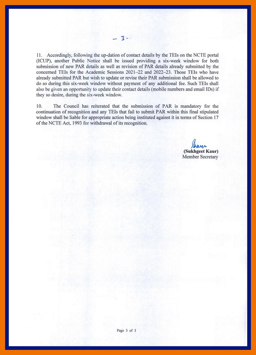 NCTE_Official's tweet photo. #NCTEUpdates: On 25/3/2026, #NCTE issued a public notice directing recognized Teacher Education Institutions (#TEIs) to submit Performance Appraisal Report (PAR) for the 2021-22 & 2022-23 academic sessions via portal.
TEIs may update contact details here: https://t.co/r4BINk2auz https://t.co/YBdWe2ODsQ