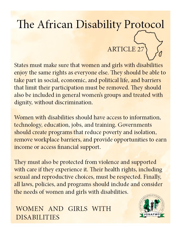 JonapwdNg's tweet photo. Article 27 of the African Disability Protocol states that: 

Women and girls with disabilities enjoy the same rights as everyone else. They should be able to take part in social, economic, and political life, and barriers that limit their participation must be removed. https://t.co/AasbAm9FoW