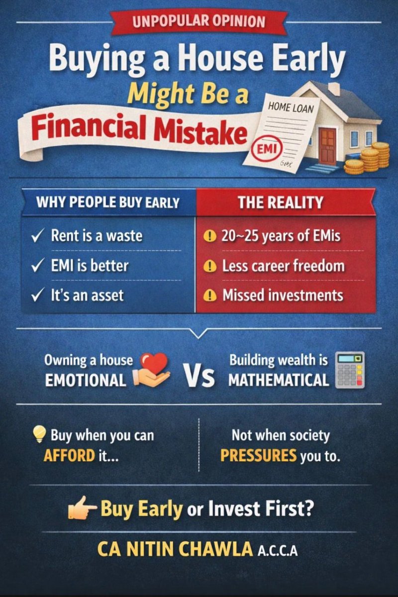 CANITINCHAWLA's tweet image. Buying a House Early Might Be a Financial Mistake.

#EMI
#House
#Property
#Finance
#Wealth
#Invest